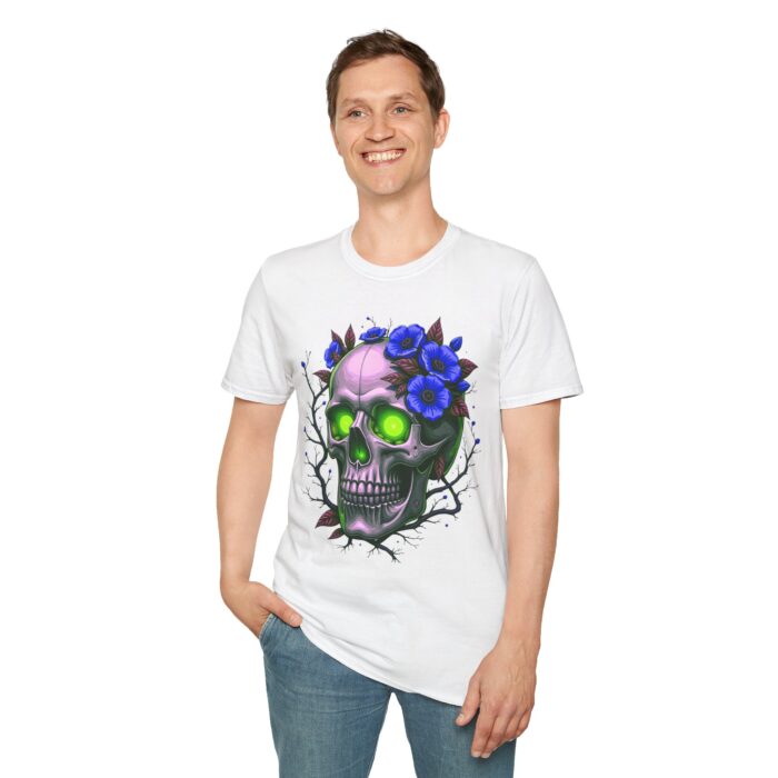 Floral Skull Unisex Softstyle T-Shirt - Edgy Graphic Tee - Image 4