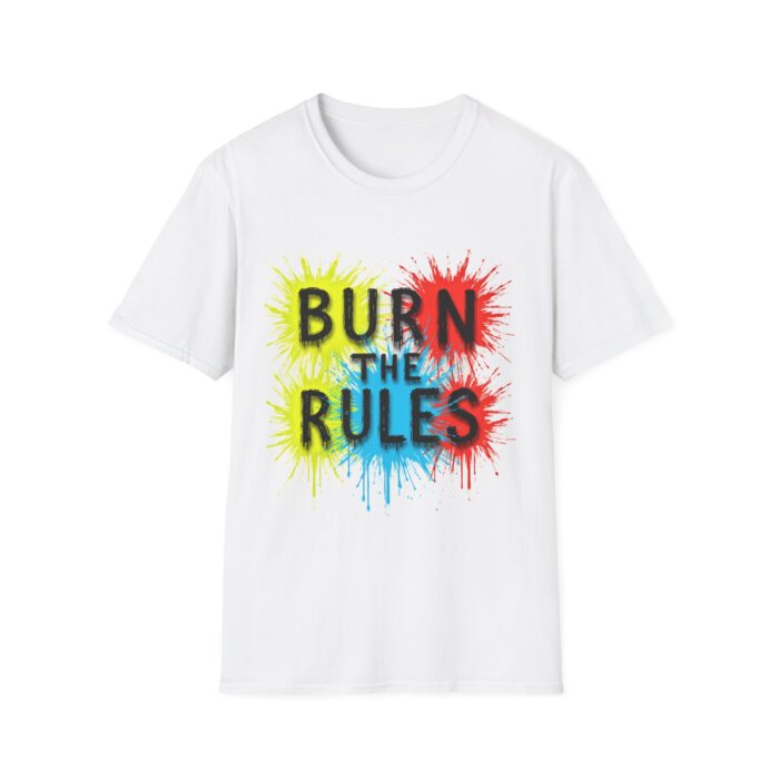 Bold 'Burn the Rules' Unisex Softstyle T-Shirt – Creative Art Tee for Free Spirits - Image 3