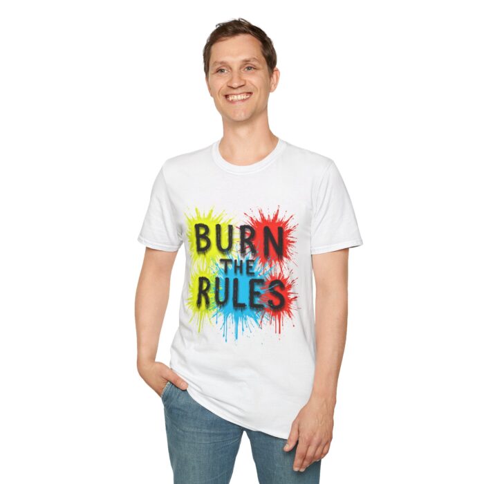 Bold 'Burn the Rules' Unisex Softstyle T-Shirt – Creative Art Tee for Free Spirits